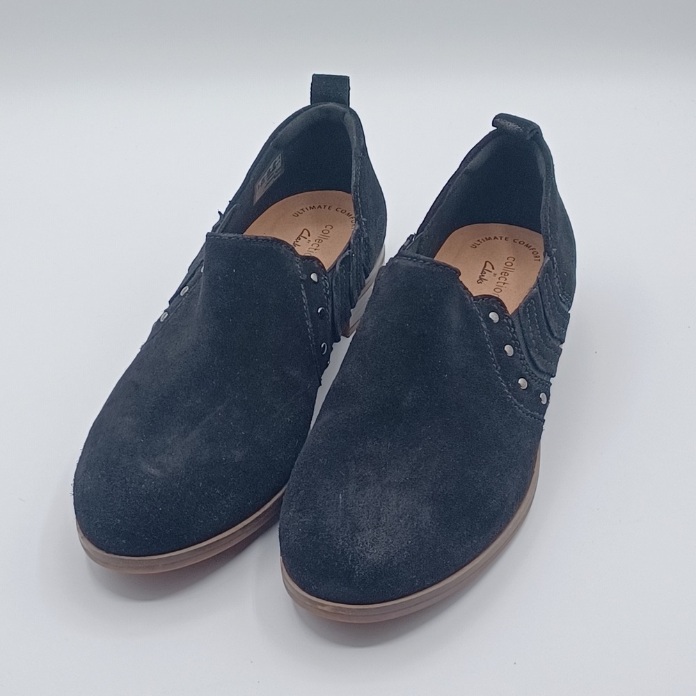 Clarks Collection Loafers Womens 9.5 Black Suede Studded Slip On Shoes NEW